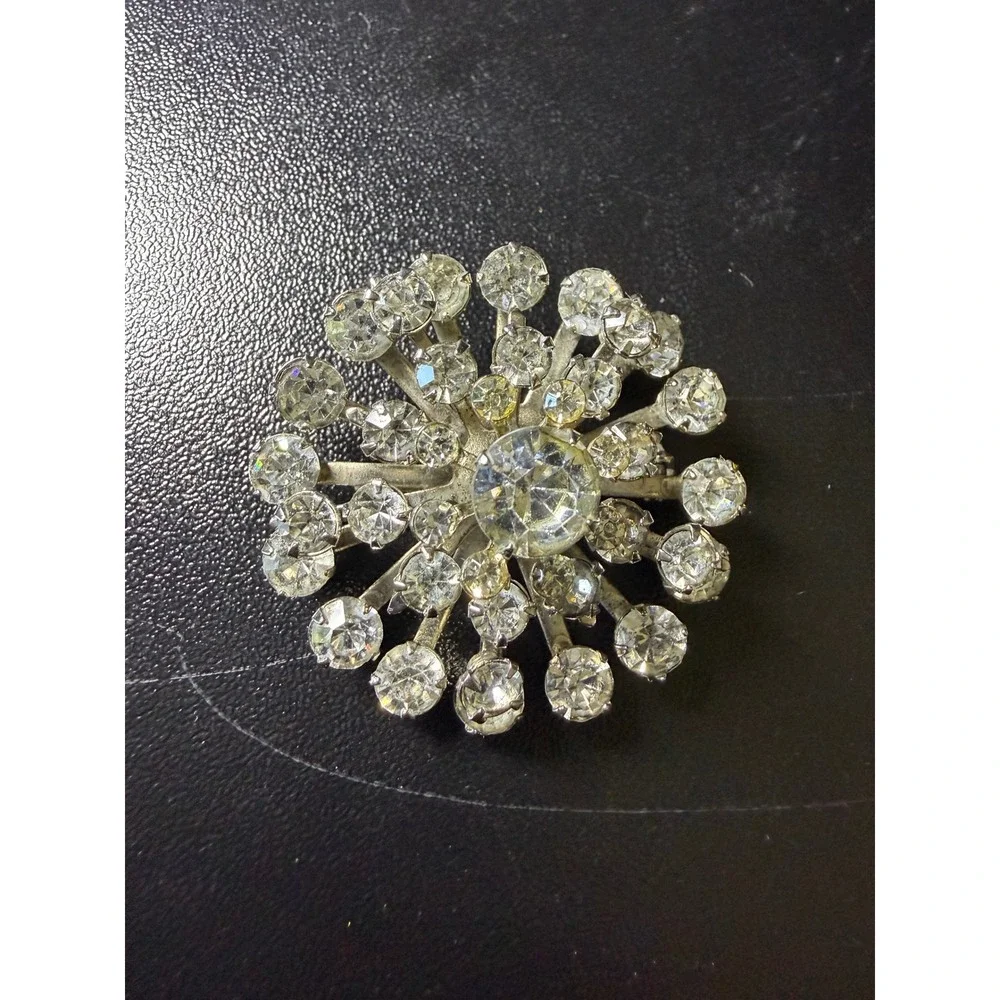 Vintage Sunburst Brooch Silver Tone Clear Rhinestone Starburst Floral Pin